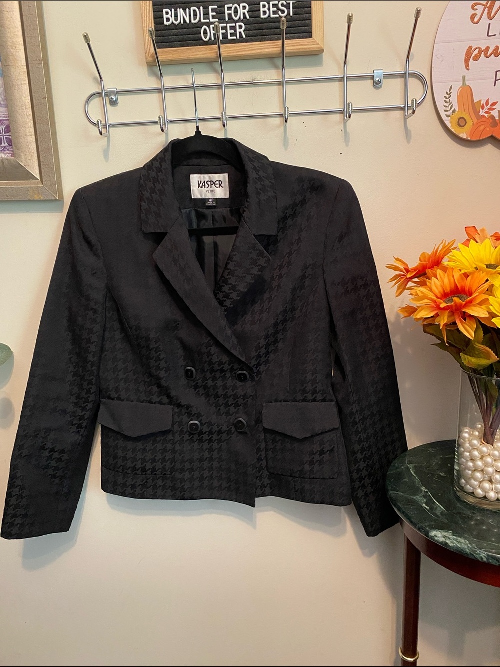 Kasper Petite Black Houndstooth Double-Breasted Blazer Size 4P
